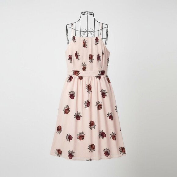 LOFT Pleated Halter Sleeveless Pale Pink and Red Halter Midi Sundress Rose Flora - Picture 2 of 13